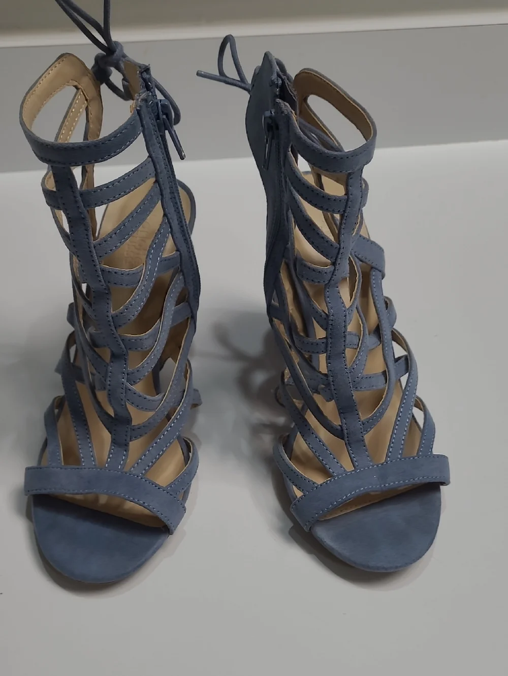 Charlotte Russe Blue Strappy Cage Heels with Chunky Block Heel Sandals - Size 8